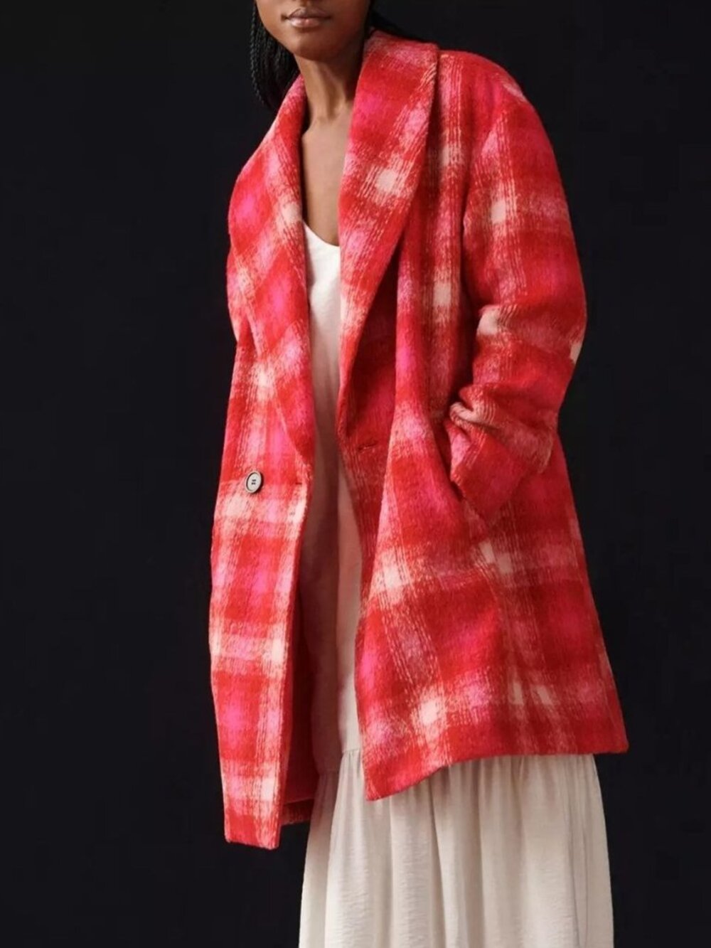 Avec Les Filles x Anthropologie 3/4 Length Pink Red Plaid Coat Overcoat Size XS